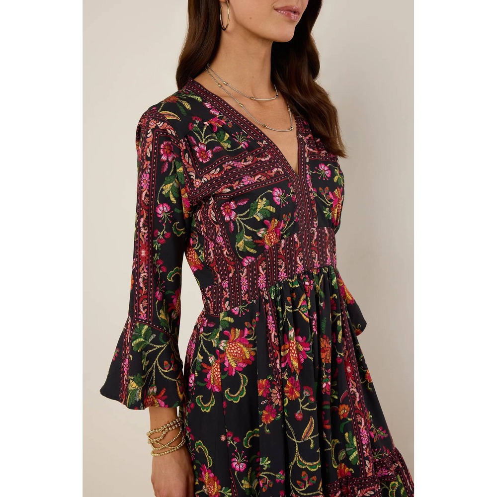 Avara Womens Taylor Floral Maxi Dress Size S Black Boho Bell Sleeve Tiered